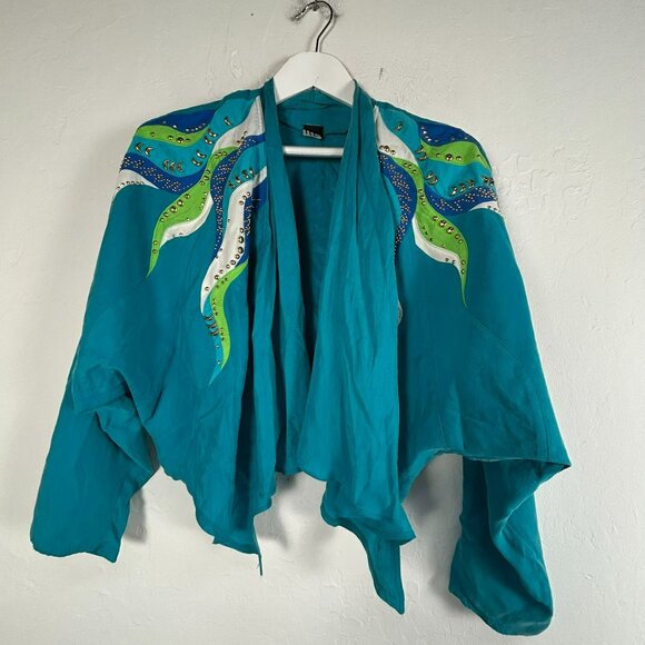 IIF Women's Vintage Gold Stud Draped Open-Front Cardigan Teal Blue/Green ?? - Picture 1 of 10